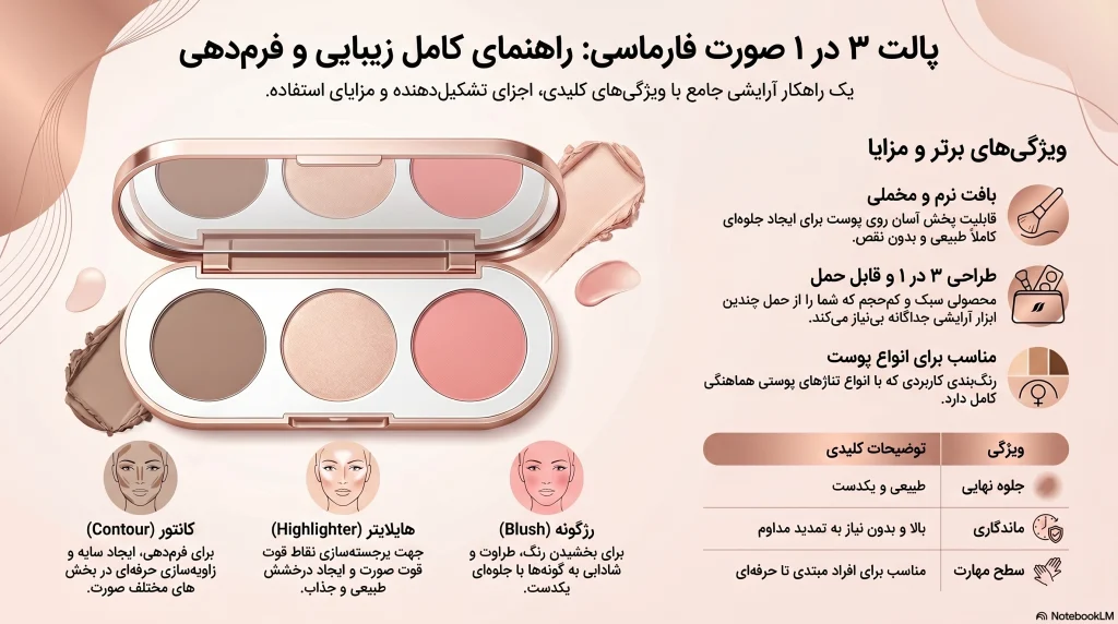 نکات مهم پالت 3 در 1 رژگونه هایلایتر کانتور فارماسی