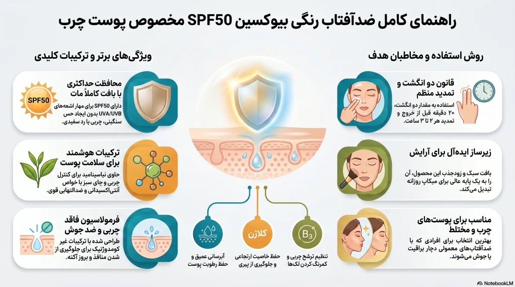 اینفوگرافی ضدآفتاب رنگی پوست چرب بیوکسین SPF50 حجم ۵۰ میل