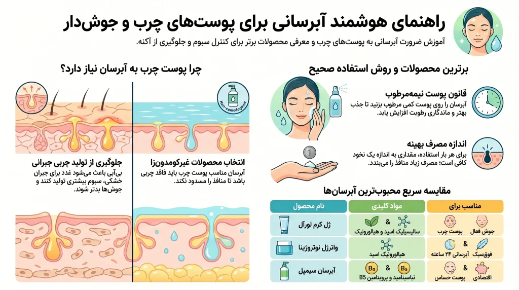 اینفوگرافی چطور از بهترین آبرسان پوست چرب و جوش دار، درست استفاده کنیم؟