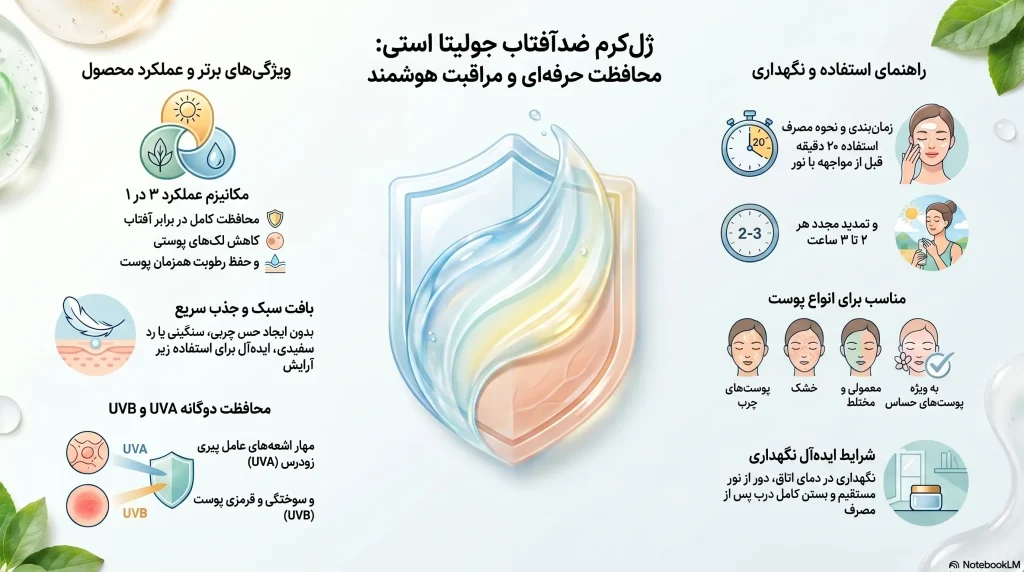 اینفوگرافی ژل‌کرم ضد آفتاب انواع پوست جولیتا استی