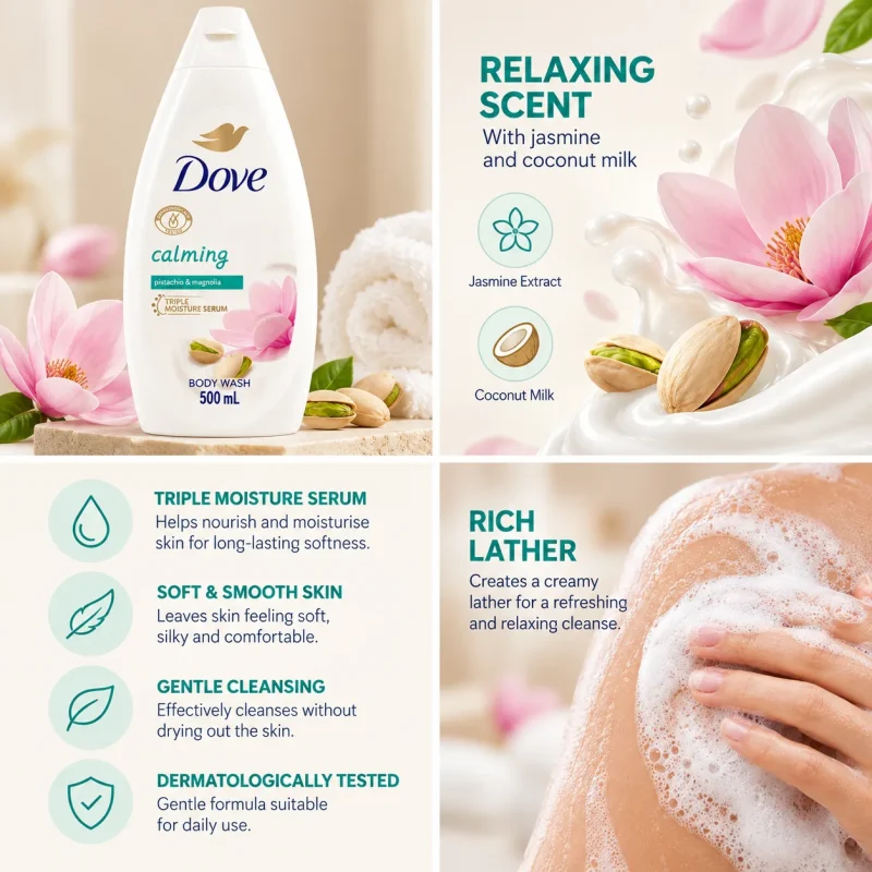 شامپو بدن داو مدل Calming Pistachio Cream & Magnolia حجم 500 میلی‌لیتر