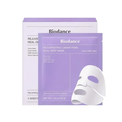 ماسک ورقه‌ای آبرسان و جوان‌ساز بایودنس مدل Rejuvenating Caviar PDRN Real Deep Mask وزن ۳۴ گرم
